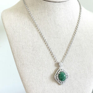925 Sterling Silver Natural Emerald & White Sapphire Pendant Necklace $765